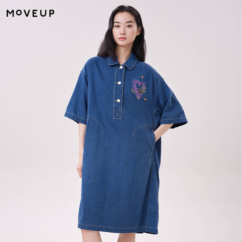Midi Dress - MOVEUP Lyocell Denim Dress Polo Collar