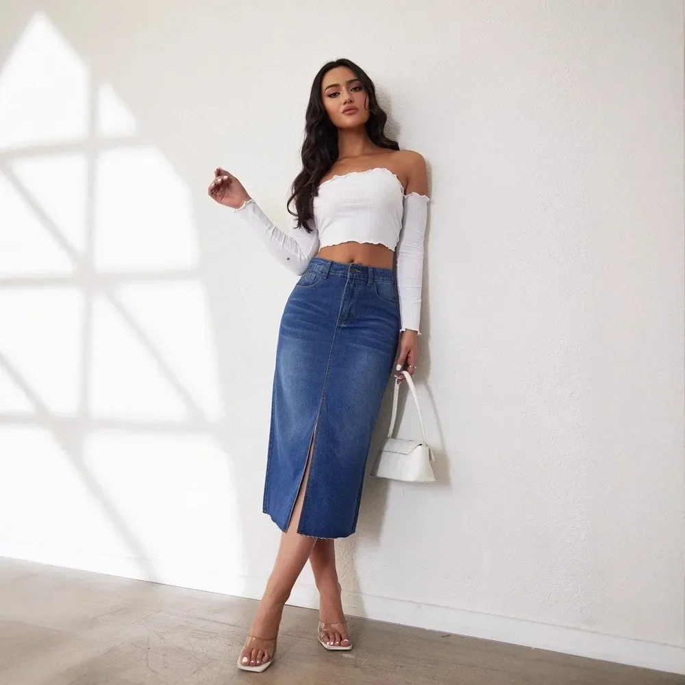 Formal Skirt - Women Denim Midi Skirt Split Hem