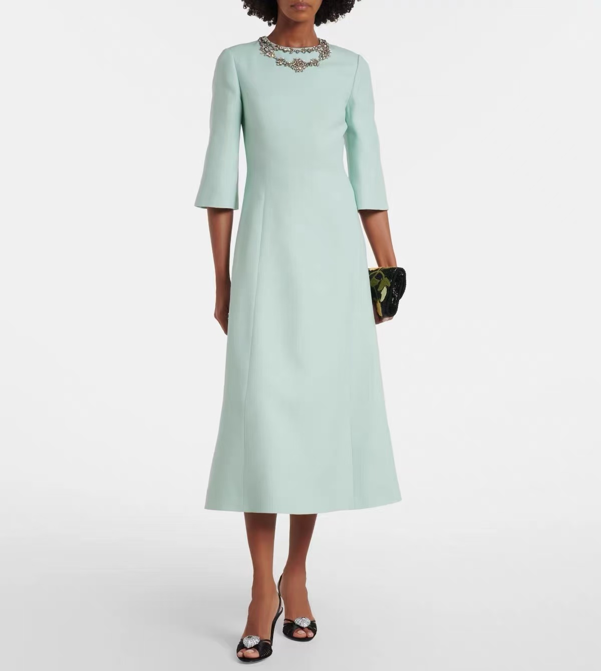 Premium Silk Wool Mint Green W - Midi Dress 评论和价格